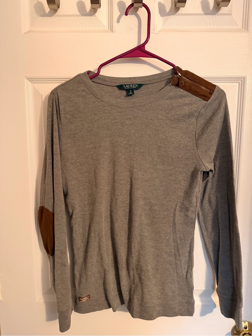 Ralph Lauren Gray Long Sleeve Crewneck with Brown Elbow & Shoulder Patches